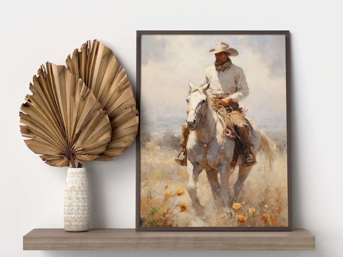 Cowboy on White Horse Riding Through Wildflowers Western Art Poster - Image 3