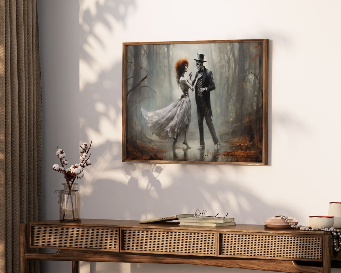 Gothic Skeleton Couple Dancing In A Misty Forest Painting Poster - Image 3