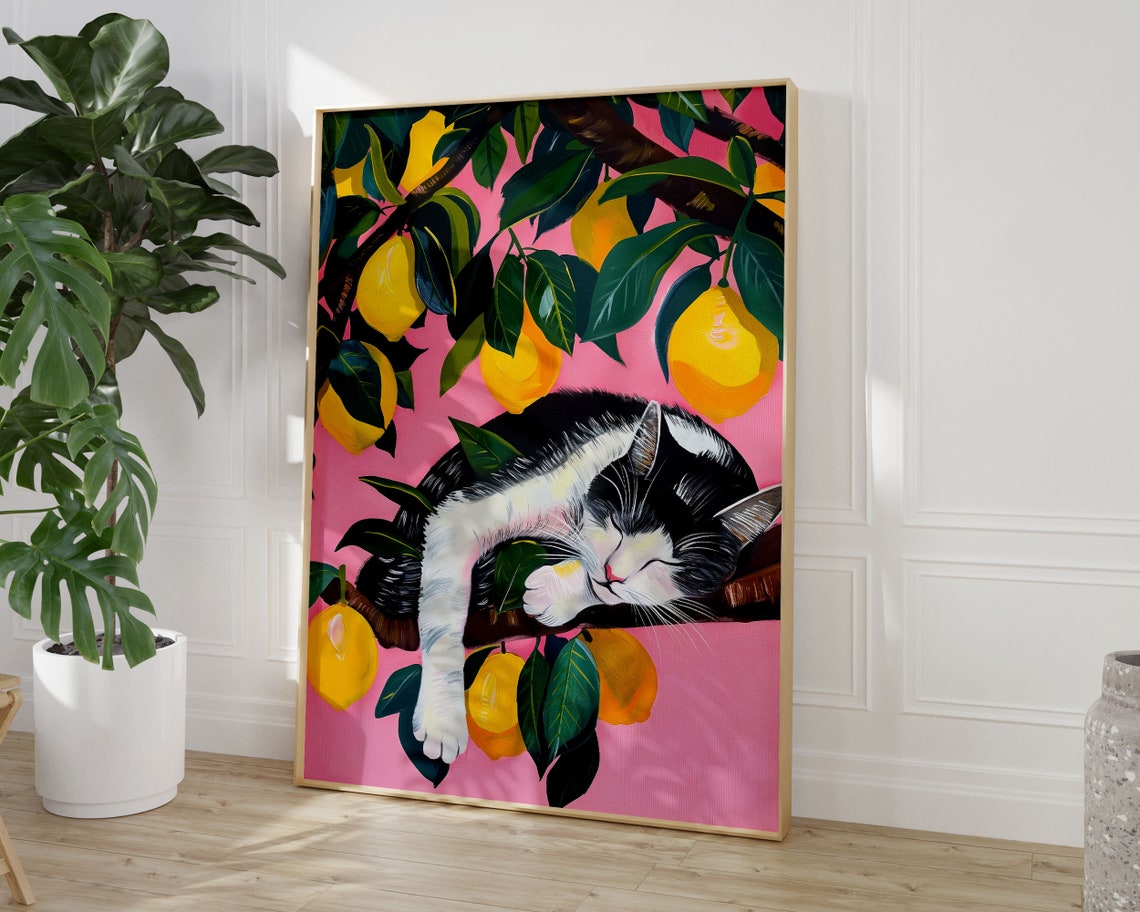 Vintage Cozy Sleeping Black And White Cat Lemon Tree Pink Print - Image 3