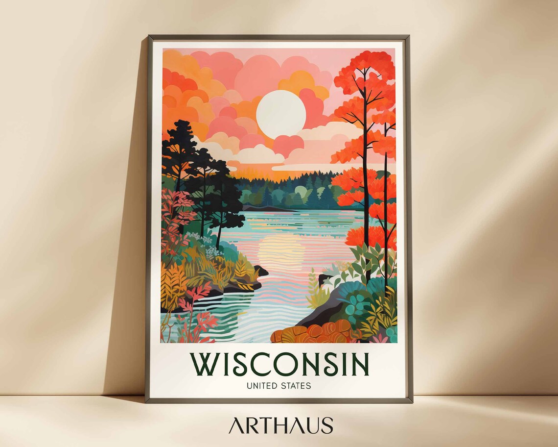 Wisconsin United States Sunset Lake Autumn Retro Travel Poster