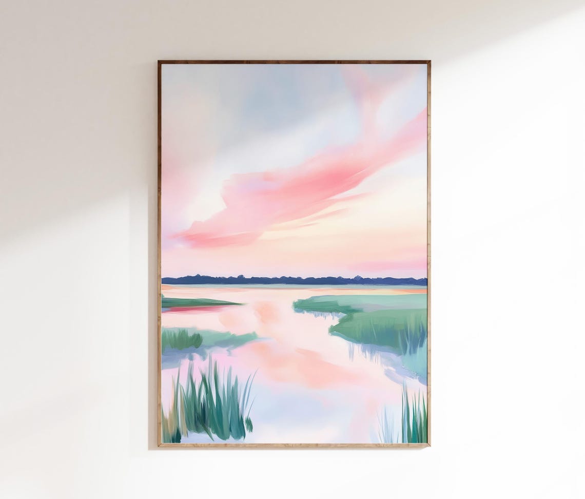 Pastel Marsh Sunset Pink Clouds Green Grasses Calm Water Art Poster