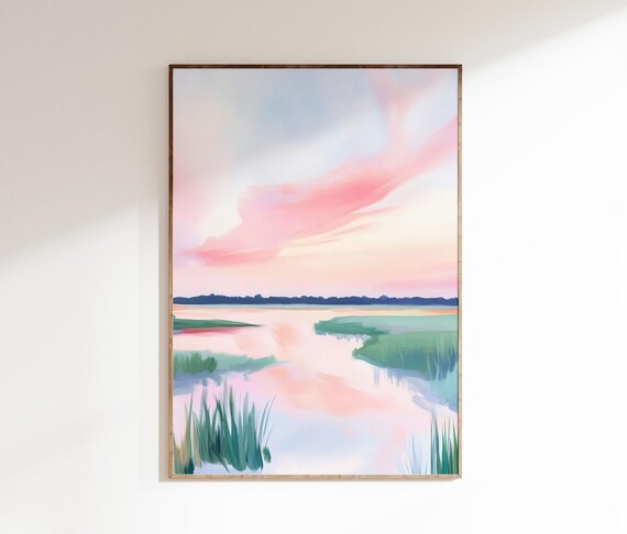 Pastel Marsh Sunset Pink Clouds Green Grasses Calm Water Art Poster