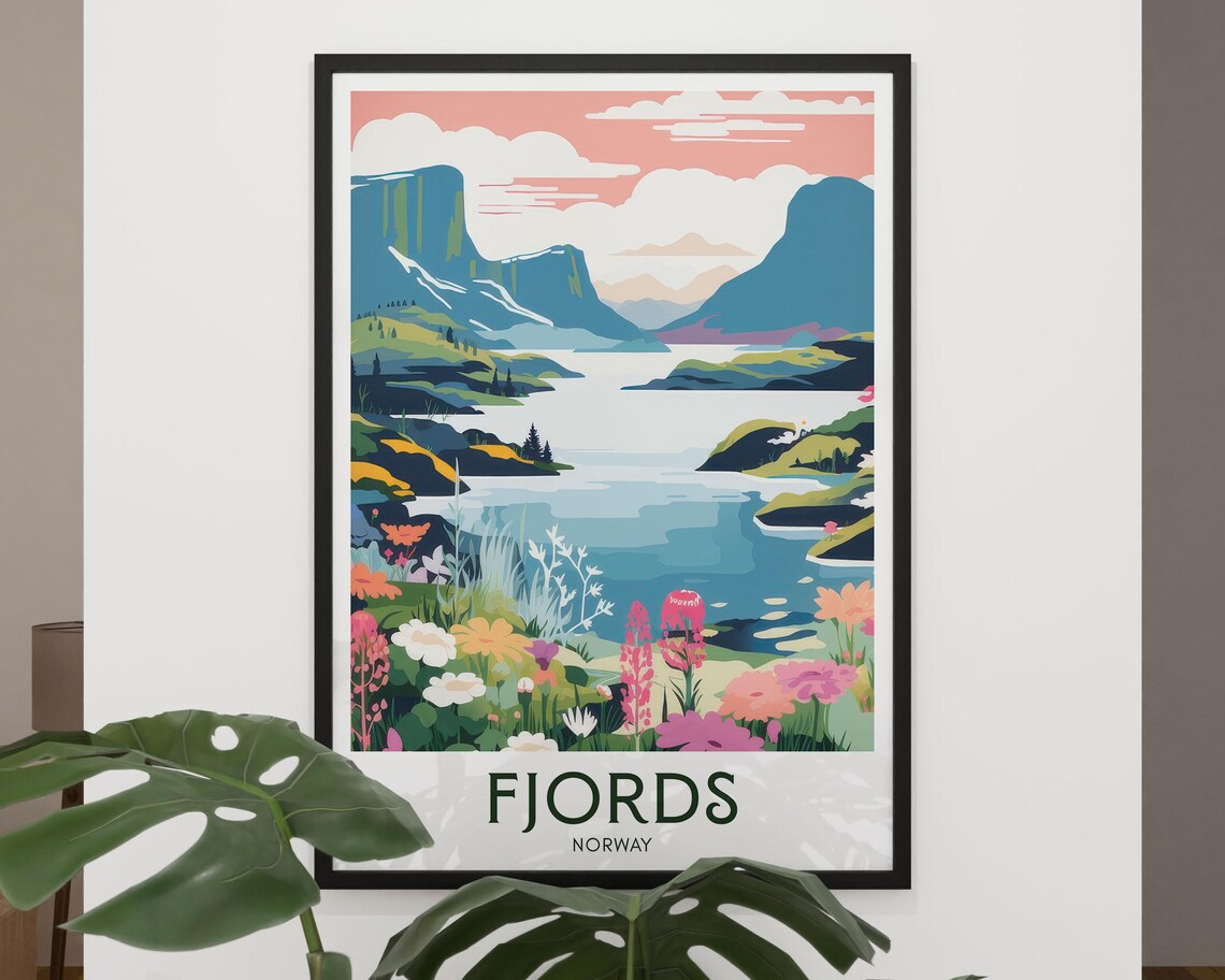 Norway Fjords Vintage Travel Poster with Wildflowers and Cliffs