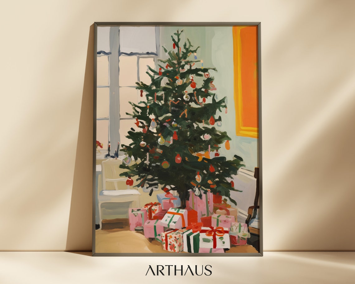 Decorated Christmas Tree with Gifts by Window Cozy Holiday Art Poster