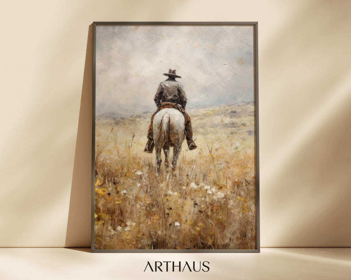 Rustic Horse Rider Oil Painting Vintage Western Cowboy Art Southwest Room Decor Countryside Print Animal Wall Art
