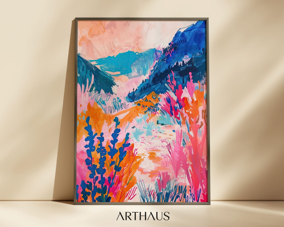 Pink Blue Mountain Wildflower Abstract Landscape Dopamine Art Print