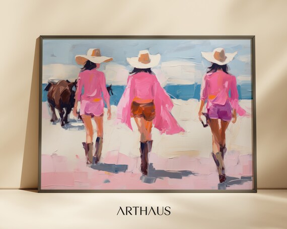Three Cowgirls In Pink Walking On The Beach With Horses Poster
