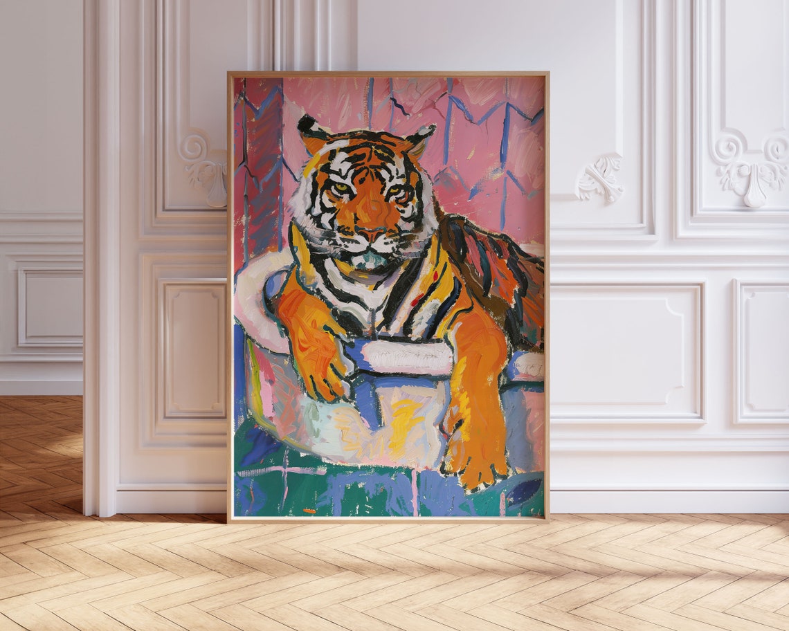 Bathroom Wall Art Dopamine Decor Tiger In Bath Wall Art Trendy Wall Art Colorful Decor Living Room Print - Image 3
