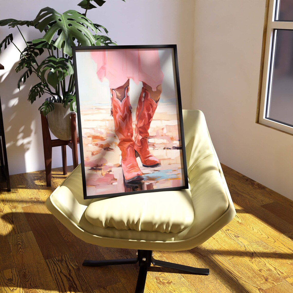 Coral Pink Cowboy Boots On The Beach Close Up Painting Poster - Image 2