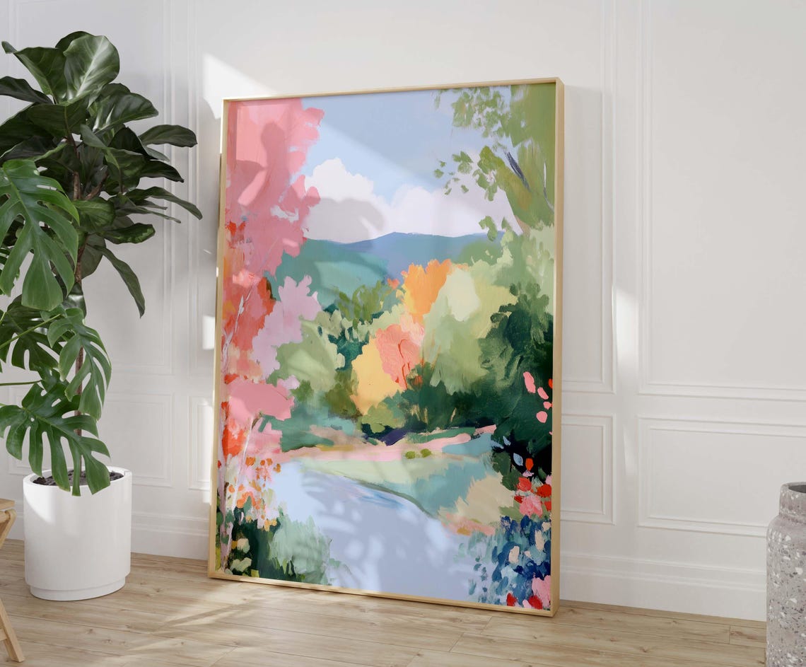 Pastel Fall Print Trees Countryside Wall Art Cottage House Decor Living Room Autumn
