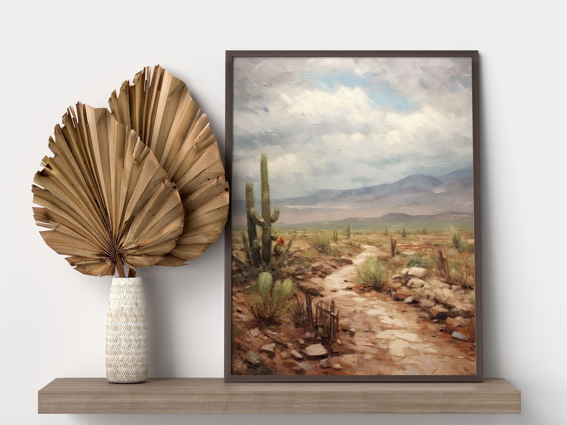 Desert Cactus Trail Landscape Vintage Southwestern Oil Print - Image 3