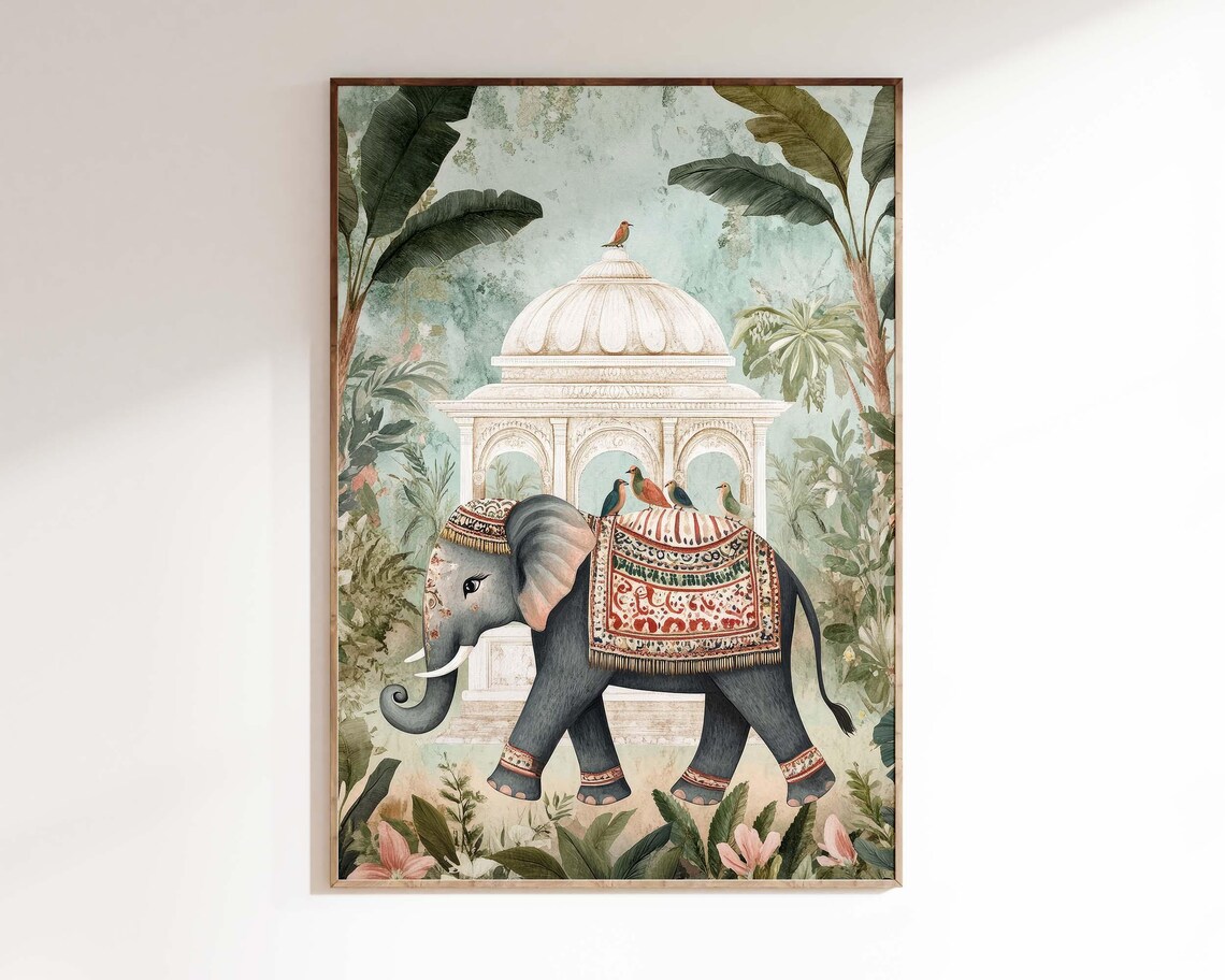 Indian Elephant Folk Art Travel Poster, Vintage Palace - Image 2