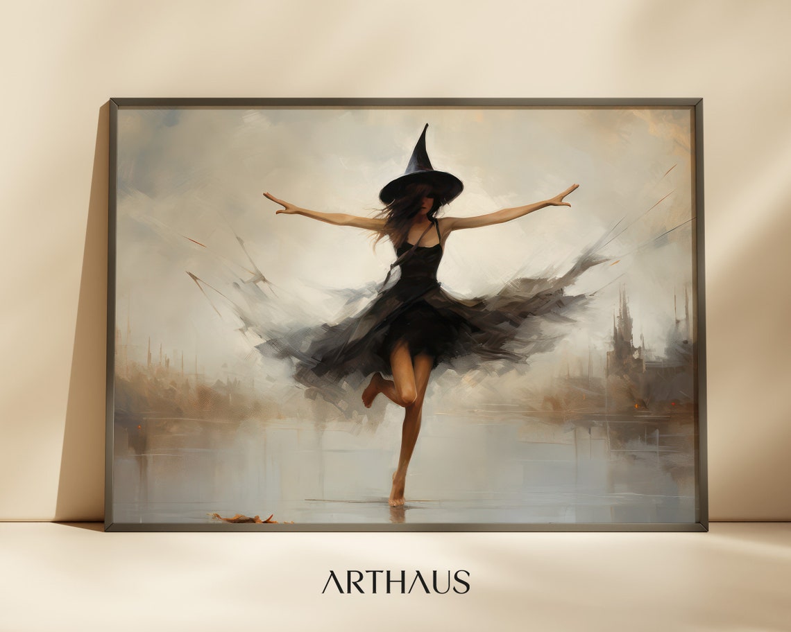 Dancing Witch Painting Moody Black Dress Halloween Art Print