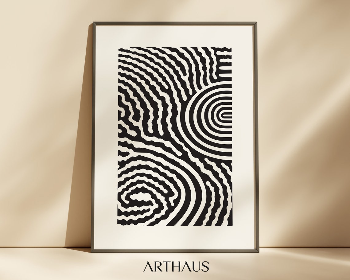 Black And White Concentric Curve Optical Art Print For Walls