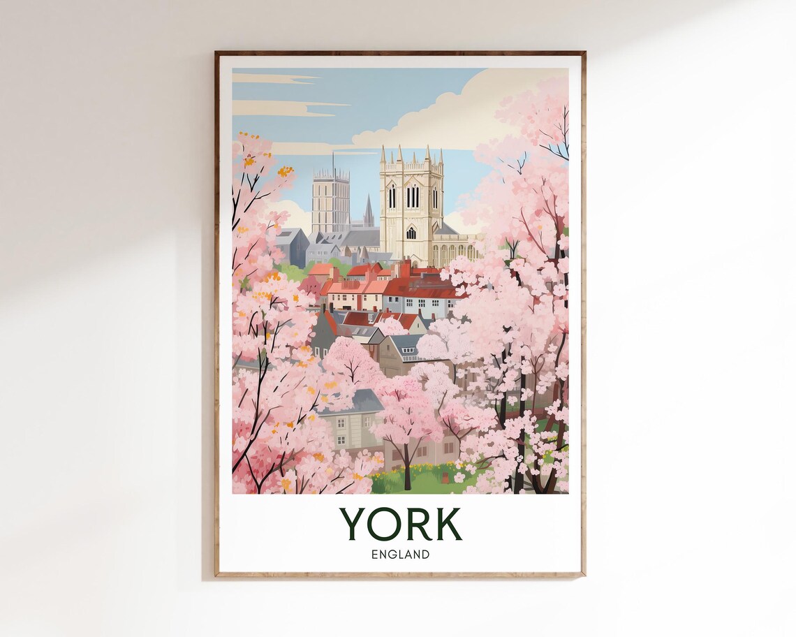 York England Pink Spring Blossom Cathedral Towers Travel Poster - Image 3
