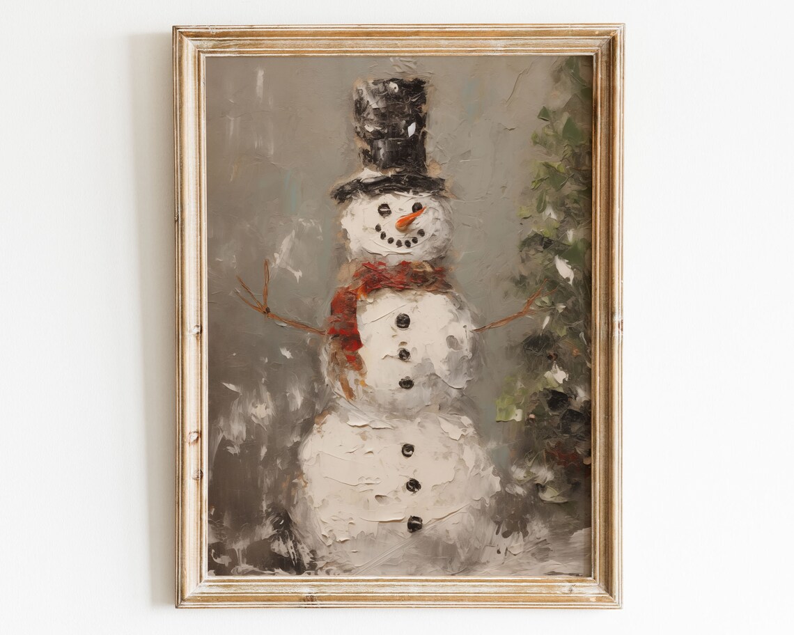 Vintage Snowman Oil Painting Top Hat Red Scarf Christmas Print - Image 3