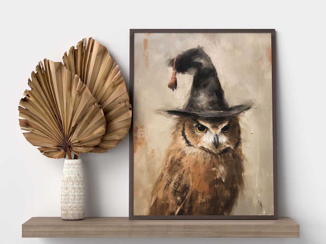 Halloween Owl Print Cute Owlet In Witchy Hat Wall Art Vintage Muted Neutral Nursery Halloween - Image 3