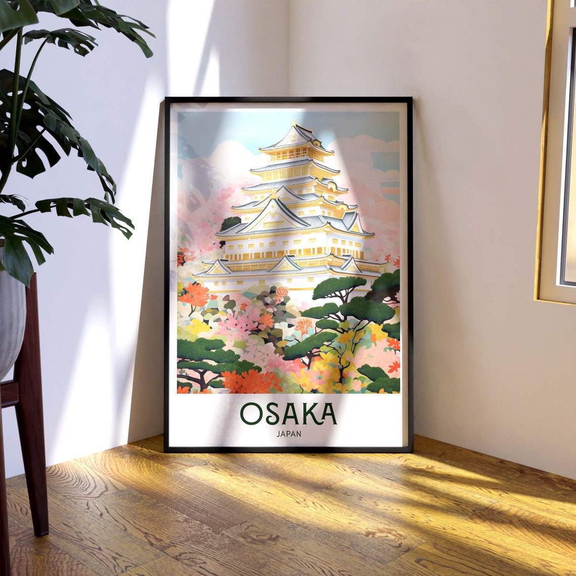 Osaka Japan White Castle Cherry Blossom Colorful Travel Poster - Image 2