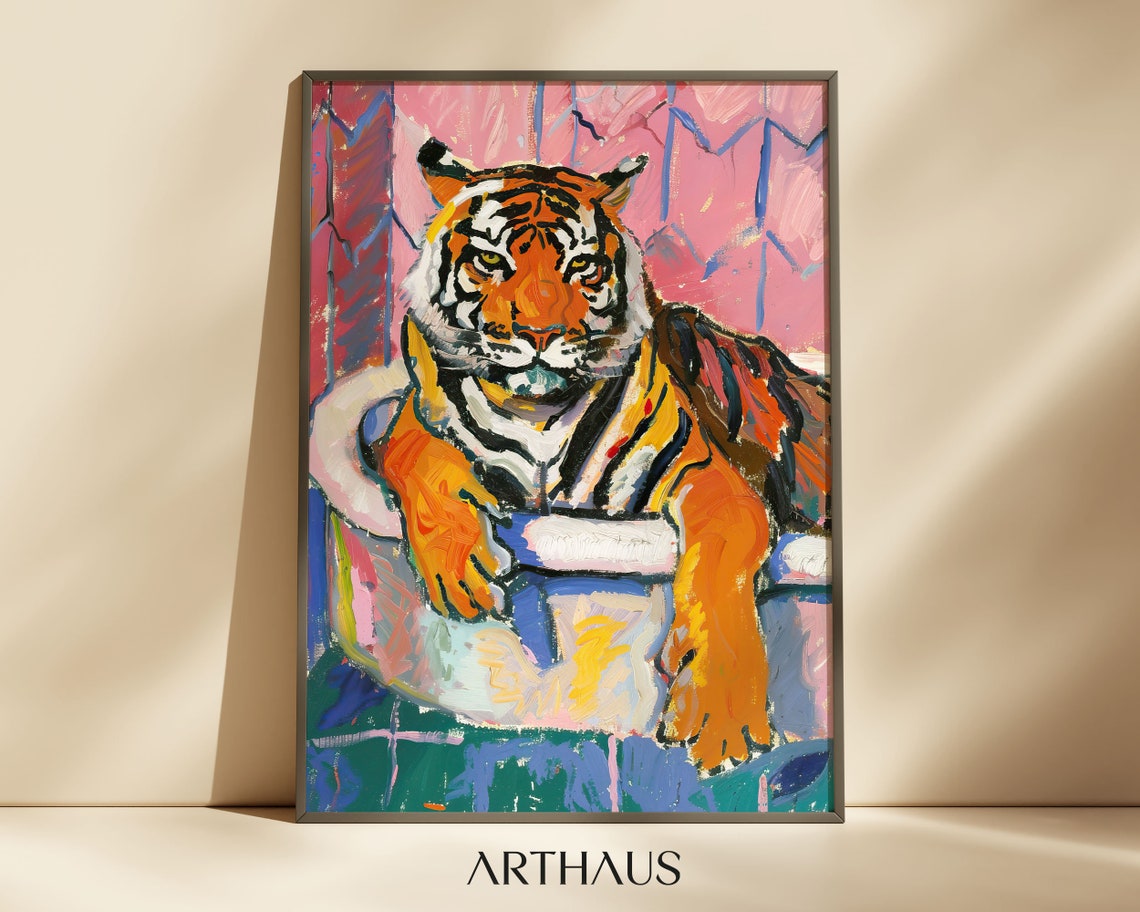Tiger in a Bathtub Bright Painterly Maximalist Wall Decor Poster