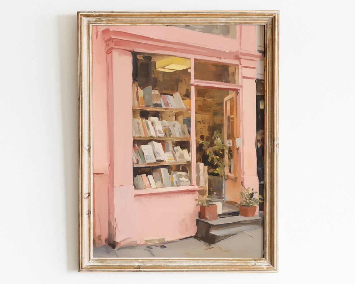 Pink Bookshop Storefront Book Lover Vintage Painting Art Print - Image 2