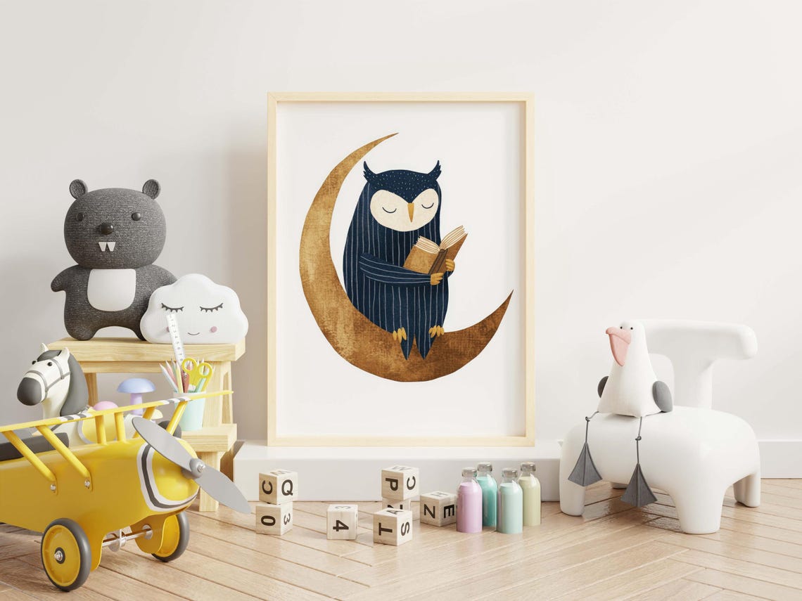 Navy Owl Reading Book on Golden Moon Night Sky Nursery Wall Art - Image 3