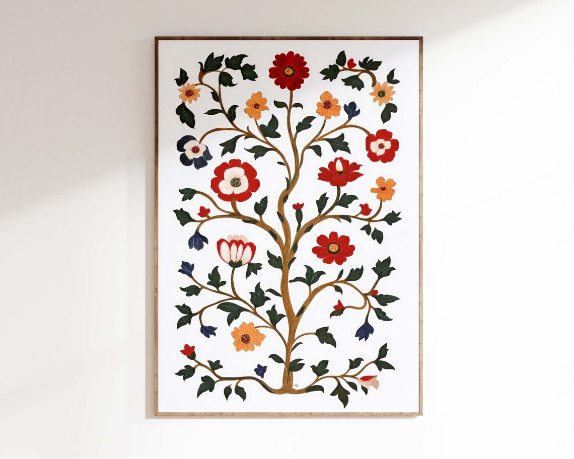 Indian Folk Art Tree Of Life With Red And Orange Blossoms Print - Image 2