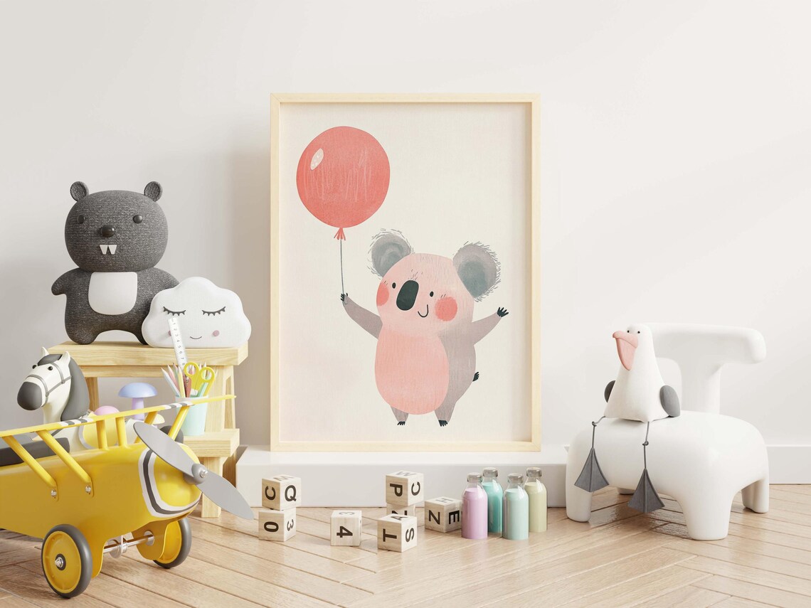 Nursery Koala Wall Art of Cute Animal Holding a Pink Balloon - Image 3