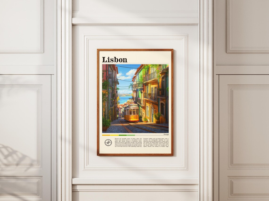 Lisbon Portugal Yellow Tram on Cobbled Street Vintage Travel Poster - Image 2