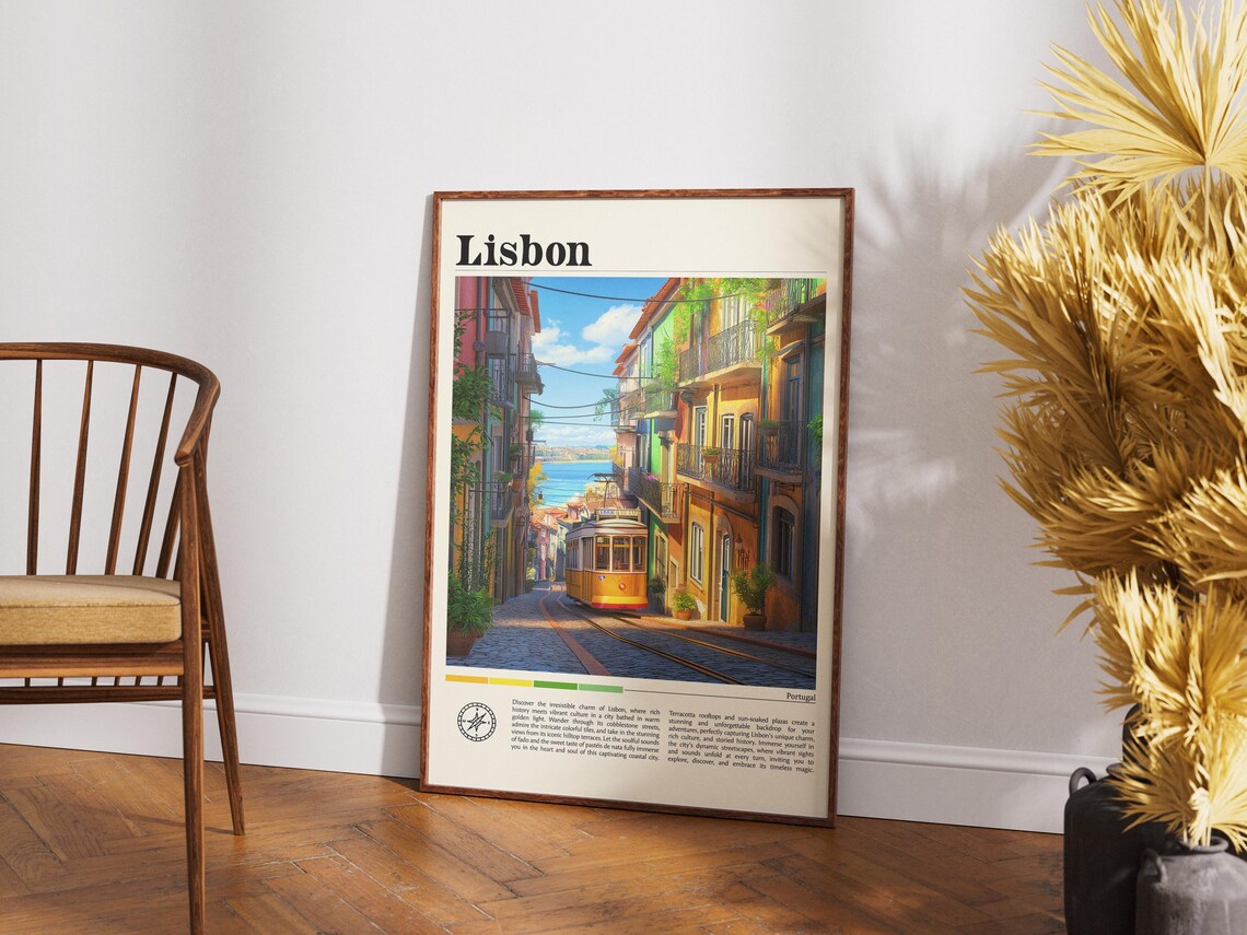 Lisbon Portugal Yellow Tram on Cobbled Street Vintage Travel Poster - Image 4