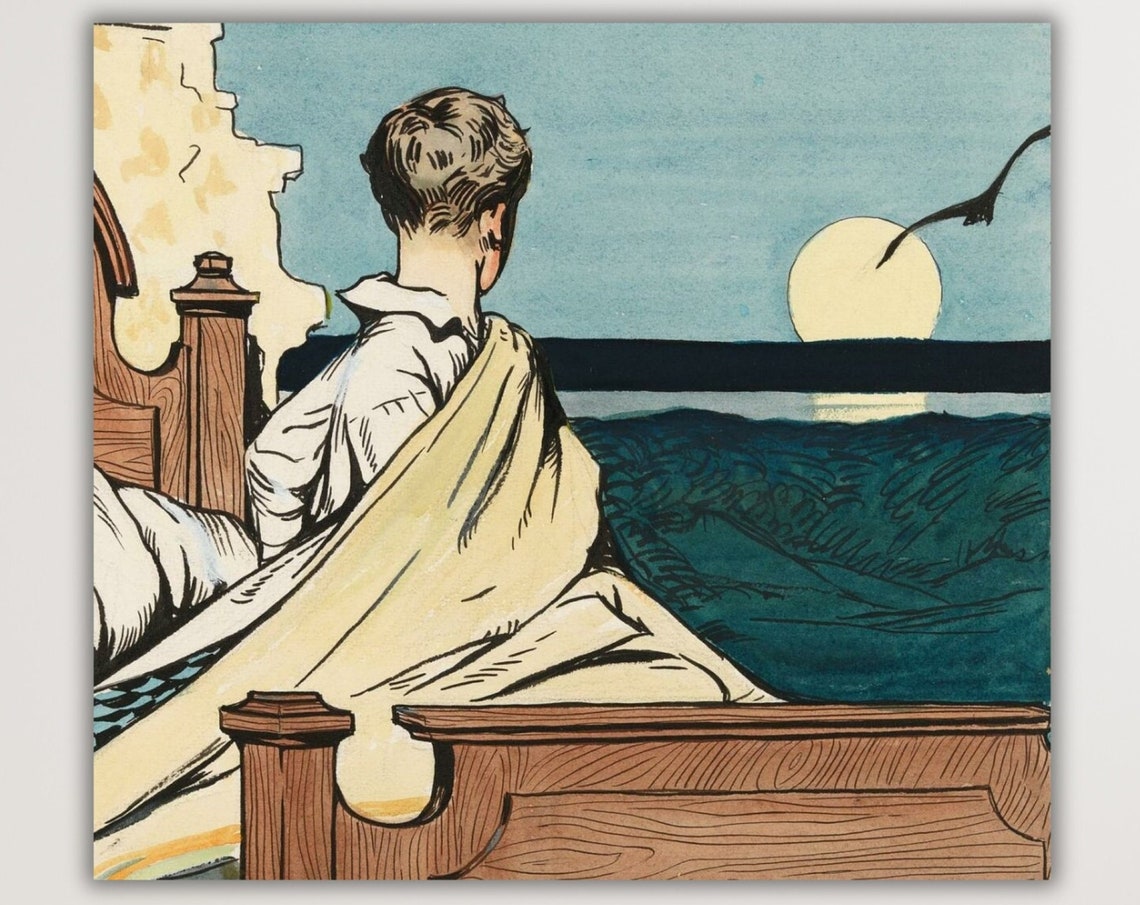Boy in Bed Gazing at Moon Over Sea Storybook Illustration Poster