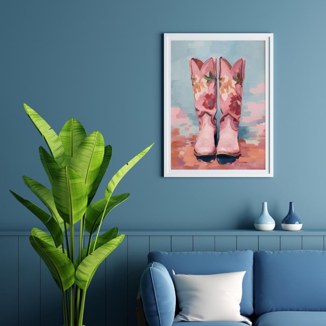 Pink Floral Cowboy Boots Watercolor Western Farmhouse Style Wall Art