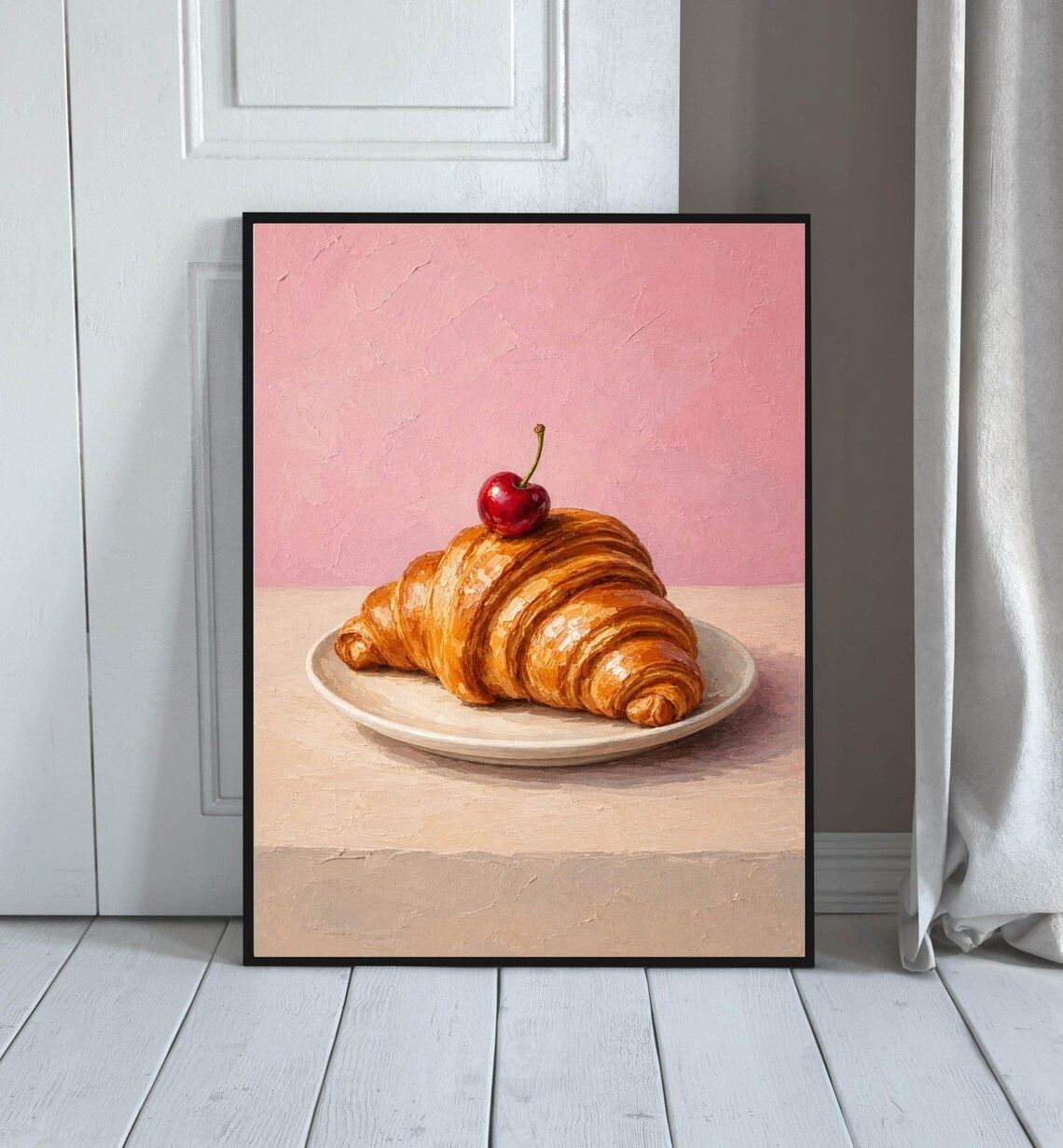 Croissant With Cherry Pink Bakery French Food Vintage Kitchen Wall Print