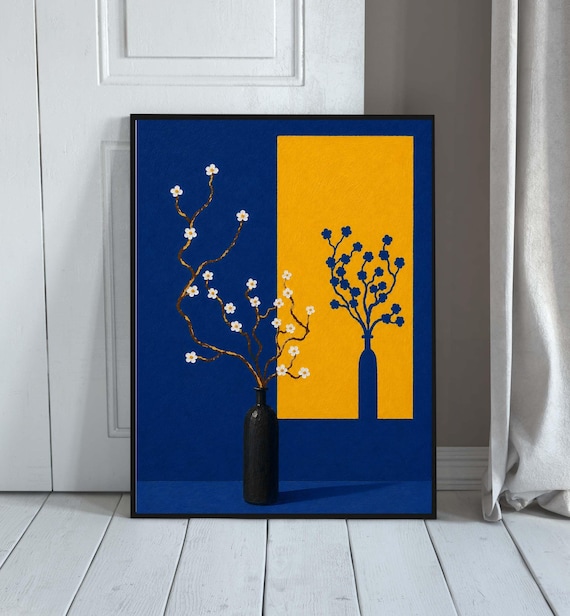 Blue Floral Wall Art Botanical Abstract Print Modern Minimalist Poster Yellow Contemporary Decor Scandinavian