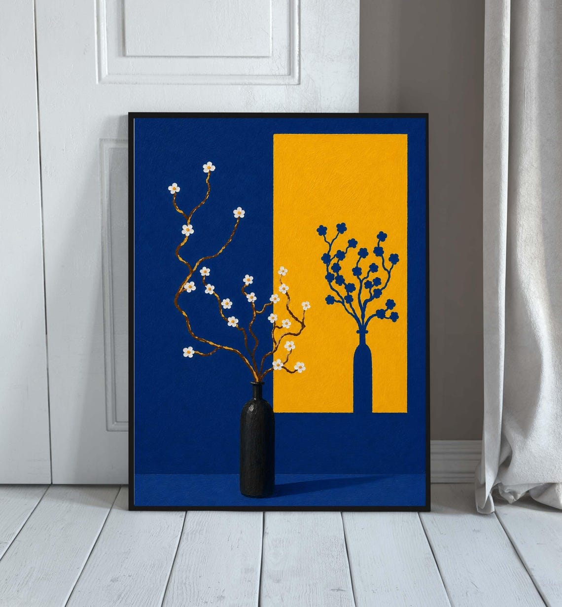 Blue Yellow Floral Vase Modern Botanical Abstract Colorful Wall Art