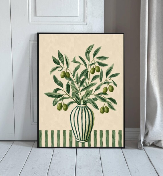 Olive Branch Botanical Green Olives Striped Vase Mediterranean Wall Art