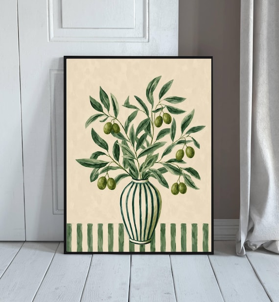 Olive Branch Wall Print Mediterranean Botanical Tree Green Vase Artwork Home Decor Tuscan Nature Poster