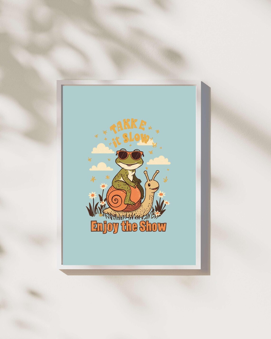 Frog Riding Snail Print, Retro Whimsical Poster