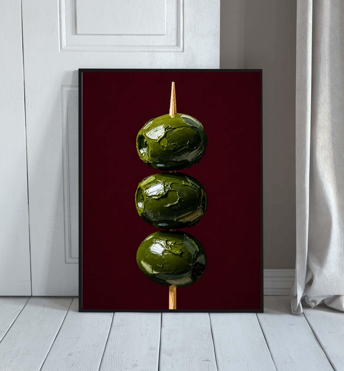 Three Green Olives On Skewer Bold Oil Paint Style Dark Red Bar Poster