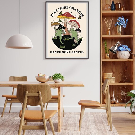 Whimsical Frogs Dancing Under Mushrooms, Boho Nature