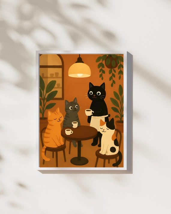 Cozy Cat Cafe Shop Retro Cats Coffee Lover Poster