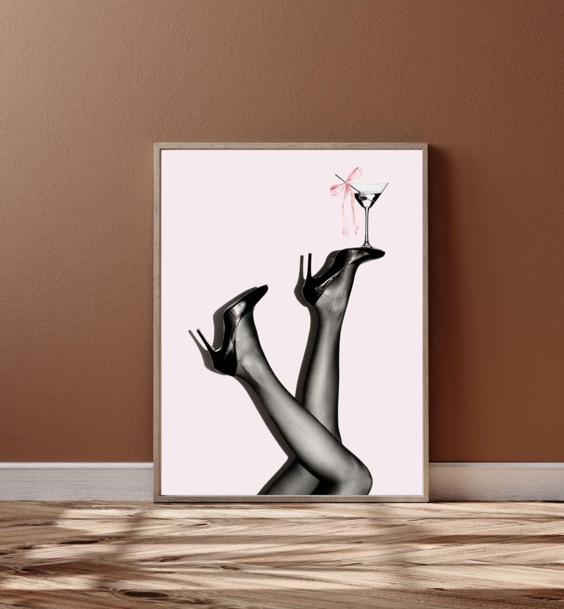 Chic Heels Martini Glass Pink Bow Fashion Black And White Art Poster