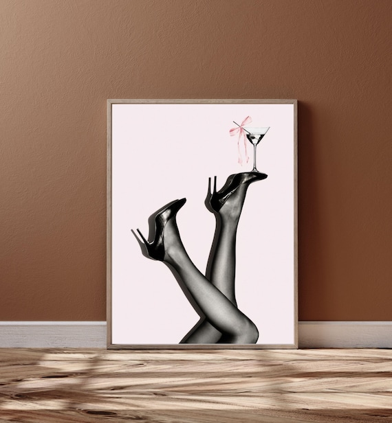 Chic Heels Martini Glass Pink Bow Fashion Black And White Art Poster