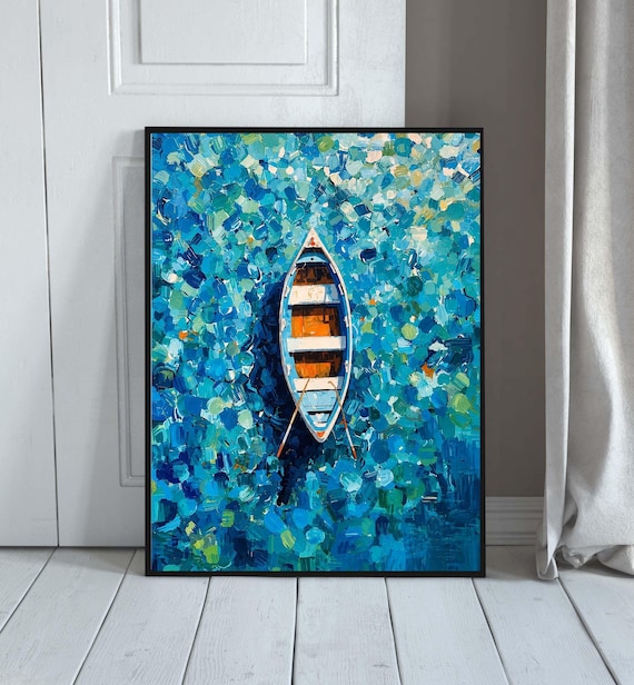 Blue Boat Painting Wall Art Abstract Seascape Print Nautical Beach Decor Modern Ocean Lake Coastal Gallery Poster