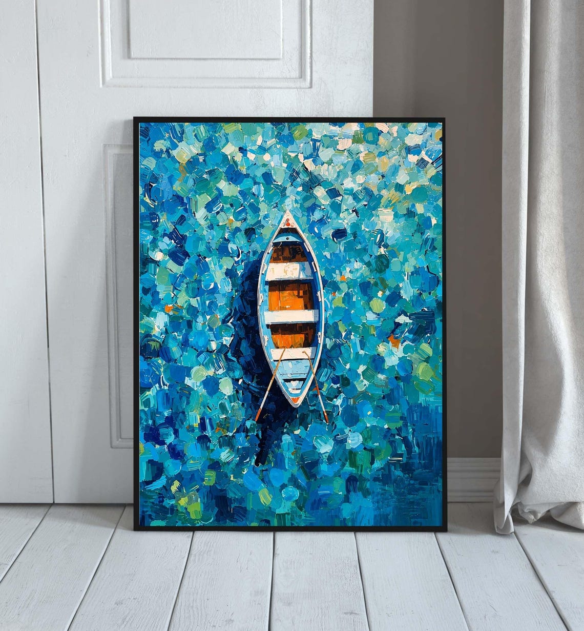Blue Rowboat From Above Impasto Turquoise Water Modern Nautical Poster