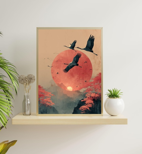Japanese Crane Wall Art Printable Japandi Decor Red Sun Landscape Print Asian Zen
