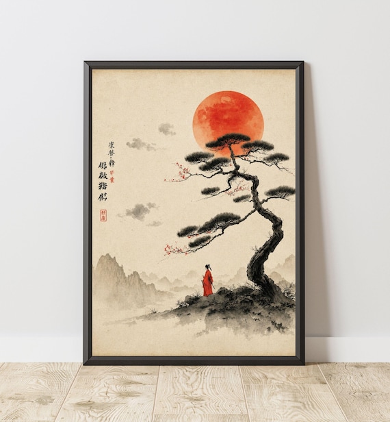 Japanese Zen Landscape Wall Art Print Samurai Pine Tree Poster Ukiyo E Mountain Red Sun Decor Asian Printable Artwork