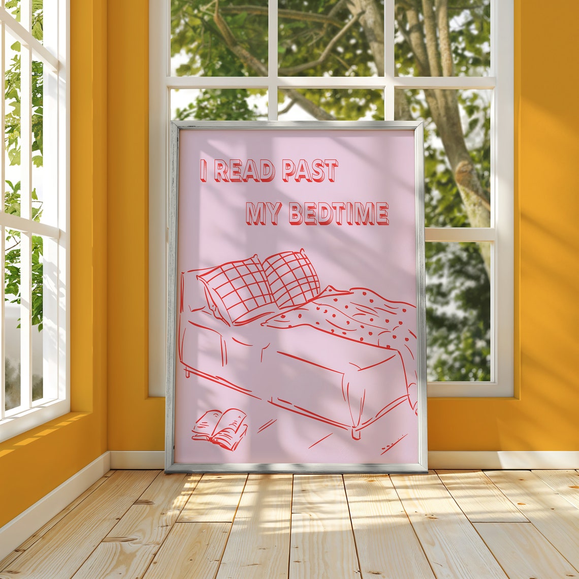 I Read Past My Bedtime Pink Red Cozy Bed Line Art Sketch Poster