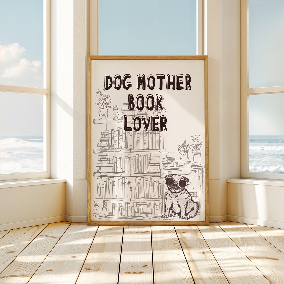 Dog Mother Book Lover Cute Pug Sunglasses Library Shelf Poster - Image 3