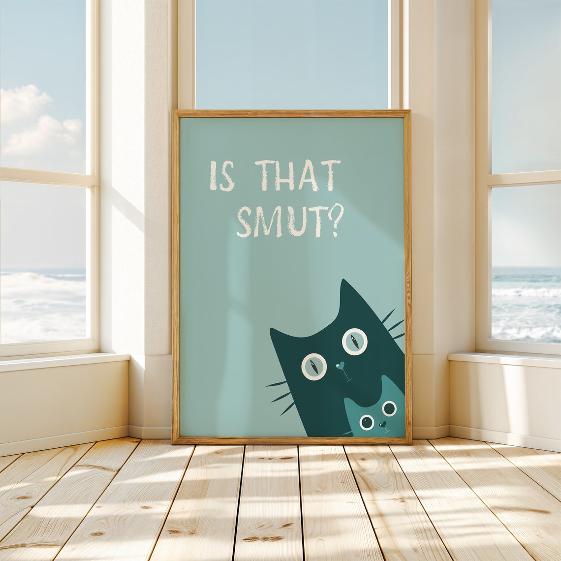 Is That Smut Funny Peeking Teal Cat Book Lover Humor Art Poster - Image 2