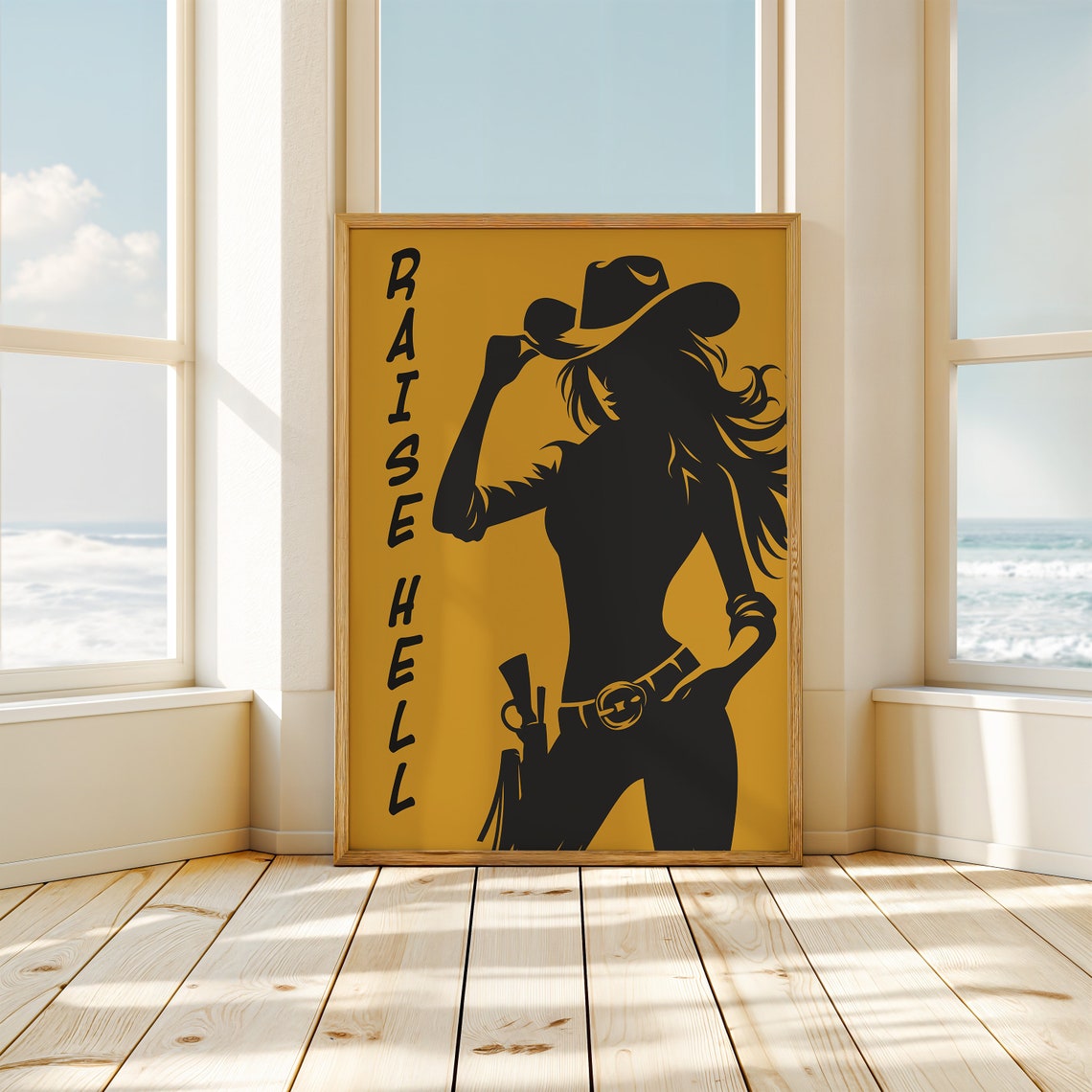 Raise Hell Bold Cowgirl Silhouette Mustard Western Decor Poster - Image 2